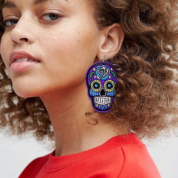 Hand Embroidered Halloween Sugar Skull Day of the Dead NOLA Statement Earrings - Picture 2 of 7